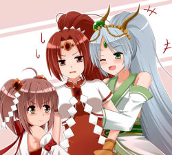 Rule 34 | 10s, 3girls, brown hair, cardfight!! vanguard, detached sleeves, emerald witch lala, green eyes, hair ornament, headdress, horns, japanese clothes, kimono, little witch lulu, long hair, looking at viewer, lowres, multiple girls, oracle think tank, ponytail, red eyes, red hair, scarlet witch coco, short twintails, twintails, white eyes, white hair