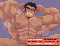 Rule 34 | 1boy, abs, armpits, bara, beard stubble, black hair, completely nude, facial hair, girthy penis, grin, highres, huge eyebrows, huge pectorals, juggermelon, looking at viewer, lucas lee, male focus, muscular, muscular male, navel, nipples, nude, paid reward available, penis, penis peek, scott pilgrim (series), scott pilgrim takes off, shaved body, short hair, smile, solo, spread legs, steaming body, stomach, stubble, thick arms, thick thighs, thighs
