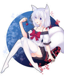 Rule 34 | 1girl, animal ear fluff, animal ears, black skirt, blush, bow, breasts, cherry, collarbone, commentary request, food, fox ears, fox girl, fruit, hair between eyes, hair bobbles, hair ornament, hair ribbon, hand up, highres, holding, holding food, holding fruit, knees together feet apart, long hair, low twintails, no shoes, off-shoulder shirt, off shoulder, original, panties, pleated skirt, purple eyes, red bow, red ribbon, ribbon, shirt, short sleeves, silver hair, skirt, small breasts, solo, thighhighs, twintails, underwear, very long hair, white panties, white shirt, white thighhighs, zhai mu q