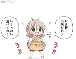 Rule 34 | 1girl, :3, apron, brown eyes, chibi, commentary request, food, full body, goma (yoku yatta hou jane), hachimaki, hakama, hakama pants, hakama shorts, headband, high ponytail, japanese clothes, kantai collection, light brown hair, long hair, omelet, omurice, open mouth, pants, plate, ponytail, shorts, simple background, smile, solo, standing, tamagoyaki, translation request, twitter username, white background, yellow apron, zuihou (kancolle)