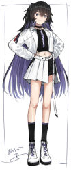 Rule 34 | 1girl, alternate costume, belt, black choker, black shirt, black shorts, black socks, choker, closed mouth, colored inner hair, cropped jacket, cropped shirt, earrings, full body, half-skirt, hands on own hips, highres, hoop earrings, isshiki (ffmania7), jacket, jewelry, kamitsubaki studio, kneehighs, koko (kamitsubaki studio), lapels, long hair, long legs, looking at viewer, midriff, mole, mole under eye, multicolored hair, navel, necktie, open clothes, open jacket, purple eyes, purple hair, purple necktie, shirt, shoes, short shorts, shorts, signature, simple background, smile, socks, solo, standing, two side up, very long hair, virtual youtuber, white background, white belt, white footwear, white jacket
