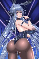 Rule 34 | 1girl, absurdres, animal ears, ass, azur lane, bare shoulders, between buttocks, black leotard, black pantyhose, blue eyes, blue hair, blush, breasts, cleavage, diamond-shaped pupils, diamond (shape), fake animal ears, hair intakes, highres, huge ass, huge breasts, large breasts, leotard, long hair, mak0h, new jersey (azur lane), new jersey (exhilarating steps!) (azur lane), official alternate costume, pantyhose, playboy bunny, pole, see-through, see-through cleavage, sideboob, solo, stripper pole, symbol-shaped pupils, very long hair