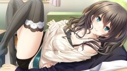 Rule 34 | 1boy, 1girl, aikawa arisa (kiss ato), aqua eyes, bare shoulders, belt, black thighhighs, blush, brown hair, couch, crossed arms, game cg, indoors, jewelry, kiss ato, legs up, long hair, long sleeves, mikoto akemi, necklace, off shoulder, official art, pov, shorts, sitting, sleeves past wrists, smile, striped clothes, striped thighhighs, thighhighs, vertical-striped clothes, vertical-striped thighhighs
