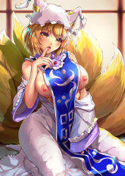 Rule 34 | 1girl, absurdres, animal hat, blonde hair, breasts, clothes pull, commentary request, commission, dress, dress pull, finger in own mouth, fox tail, hat, heart, heart-shaped pupils, highres, huge filesize, indoors, large breasts, looking at viewer, md5 mismatch, mob cap, multiple tails, nipples, ofuda, resolution mismatch, saliva, short hair, sitting, solo, source smaller, symbol-shaped pupils, tabard, tail, tarou (user tpmh7442), tassel, touhou, white dress, white hat, wide sleeves, yakumo ran, yellow eyes