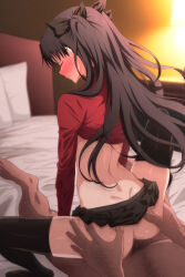 Rule 34 | 1boy, 1girl, ass, ass grab, back, bed sheet, black hair, black ribbon, black skirt, black thighhighs, blurry, blurry background, blush, clenched teeth, closed eyes, clothed female nude male, clothes lift, dark-skinned male, dark skin, eruu (eruuman), fate/stay night, fate (series), from behind, full-face blush, girl on top, hair ribbon, hetero, highres, indoors, long hair, long sleeves, male pubic hair, no panties, nude, on bed, pillow, pleated skirt, profile, pubic hair, red sweater, reverse cowgirl position, ribbon, saliva, saliva trail, sex, sex from behind, skirt, skirt rolled up, solo focus, spread legs, squatting cowgirl position, straddling, sweater, sweater lift, teeth, thighhighs, tohsaka rin, twintails, two side up, vaginal