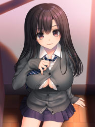 Rule 34 | 1girl, black hair, blue skirt, blush, breasts, brown eyes, buttons, cardigan, cleavage, collared shirt, dress shirt, from above, grey cardigan, hand up, indoors, long hair, long sleeves, looking at viewer, looking up, on floor, original, partially unbuttoned, pink lips, pleated skirt, sakurayashiki nisei, shirt, sitting, skirt, sleeves past wrists, smile, solo, white shirt, wing collar