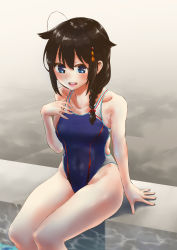 Rule 34 | 1girl, absurdres, ahoge, bad id, bad pixiv id, black hair, blue eyes, blue one-piece swimsuit, braid, competition swimsuit, gouta (nagishiro6624), hair flaps, hair ornament, hair over shoulder, hand on own chest, highres, kantai collection, one-piece swimsuit, open mouth, poolside, shigure (kancolle), shigure kai ni (kancolle), single braid, sitting, smile, solo, swimsuit, teeth, upper teeth only