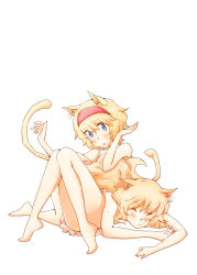 Rule 34 | 2girls, alice margatroid, animal ears, bad id, bad pixiv id, blue eyes, blush, braid, cat ears, cat tail, censored, closed eyes, convenient censoring, dress, hairband, highres, kemonomimi mode, kirisame marisa, long hair, lying on lap, multiple girls, non (z-art), nude, open mouth, pink dress, simple background, single braid, sitting, tail, touhou, very long hair, white background