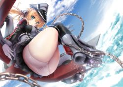 Rule 34 | ass, blush, book, breasts, chain, closed mouth, covered erect nipples, cross, crossed bangs, day, gloves, green eyes, hair ornament, hat, iron cross, jacket, kantai collection, large breasts, long sleeves, looking at viewer, machinery, medium hair, military, military hat, military jacket, military uniform, panties, pleated skirt, prinz eugen (kancolle), skirt, sky, smile, solo, thighhighs, thighs, twintails, uguisu kagura, underwear, uniform, water, white panties