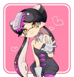 Rule 34 | + +, 1girl, bare shoulders, black hair, black jumpsuit, blush, breasts, callie (splatoon), cleavage, closed mouth, cowboy shot, detached collar, earrings, food, food on head, gloves, gradient hair, hair rings, hand up, heart, inkling, jewelry, jumpsuit, legs apart, long hair, mole, mole under eye, multicolored hair, nintendo, object on head, orange eyes, pantyhose, pixiv13691592, pointy ears, purple pantyhose, short jumpsuit, smile, solo, splatoon (series), splatoon 1, strapless, suction cups, symbol-shaped pupils, tentacle hair, two-tone hair, white gloves