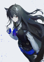 Rule 34 | 1girl, animal ear fluff, animal ears, arknights, artist name, belt, belt pouch, black cape, black hair, black pantyhose, black vest, blue gloves, blue necktie, blue shorts, cape, closed mouth, collared shirt, dutch angle, fingerless gloves, gloves, gogatsu fukuin, grey background, highres, long hair, long sleeves, looking at viewer, necktie, pale skin, pantyhose, pantyhose under pantyhose, pantyhose under shorts, pouch, red eyes, shirt, shorts, simple background, solo, texas (arknights), texas the omertosa (arknights), vest, white shirt, wolf ears