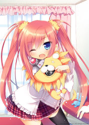 Rule 34 | 1girl, ;d, blue eyes, blush, cowboy shot, curtains, hugging doll, galaxy dungeon, long hair, looking at viewer, hugging object, one eye closed, open mouth, pink hair, plaid, plaid skirt, sazaki ichiri, skirt, smile, solo, stuffed animal, stuffed toy, thighhighs, twintails, very long hair, window