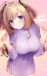 Rule 34 | 1girl, ahoge, bbbannooo, blonde hair, blue eyes, blurry, blush, breasts, buttons, closed mouth, commentary request, cowboy shot, depth of field, dress, hair ribbon, hands up, head tilt, highres, idolmaster, idolmaster cinderella girls, large breasts, long hair, long sleeves, looking at viewer, multicolored nails, nail art, nail polish, ribbed sweater, ribbon, sato shin, sidelocks, solo, standing, sweat, sweater, sweater dress, turtleneck, turtleneck sweater, two side up, v-shaped eyebrows