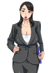 Rule 34 | 1girl, black hair, blush, breasts, brown eyes, business suit, cleavage, collarbone, formal, hand on own hip, large breasts, looking at viewer, mole, mole under eye, original, pencil skirt, simple background, skirt, solo, suit, teeth, tetsukui, white background