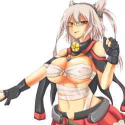 Rule 34 | 10s, 1girl, :d, alternate skin color, bandages, between breasts, black gloves, breasts, budget sarashi, capelet, collar, dark skin, dark-skinned female, covered erect nipples, fang, fingerless gloves, glasses, gloves, hair between eyes, headgear, highres, kantai collection, large breasts, light brown hair, looking at viewer, musashi (kancolle), navel, open mouth, pirorun, pointy hair, red eyes, sarashi, short hair with long locks, smile, solo, twintails, two side up, upper body