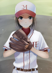 Rule 34 | &gt;:(, 1girl, absurdres, baseball, baseball cap, baseball glove, baseball uniform, belt, black eyes, black hair, blush, closed mouth, clothes writing, commentary request, doctor k shoujo, hat, highres, kentaurosu, looking at viewer, novel illustration, official art, outdoors, second-party source, serious, short hair, short sleeves, solo, sportswear, sweat, upper body, v-shaped eyebrows