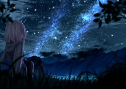 Rule 34 | 1girl, bad id, bad pixiv id, boots, chinomaron, diffraction spikes, from behind, grass, hood, hood down, hoodie, looking away, mountain, night, night sky, original, outdoors, reflection, short hair with long locks, silhouette, sitting, sky, solo, star (sky), starry sky