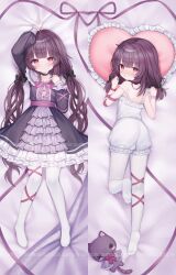 Rule 34 | 1girl, arm ribbon, arm up, bare shoulders, blush, commentary, dakimakura (medium), dress, english commentary, fallenshadow, frilled dress, frills, full body, hair ornament, heart, heart-shaped pillow, highres, indie virtual youtuber, leg ribbon, lolita fashion, long hair, long sleeves, looking at viewer, looking back, low twintails, lying, medium hair, multiple views, neck ribbon, nightgown, official art, on back, on stomach, open mouth, pantyhose, pillow, pink eyes, purple hair, purple ribbon, ribbon, sample watermark, shouu-kun, single wrist cuff, smile, strap slip, stuffed animal, stuffed cat, stuffed toy, twintails, very long hair, virtual youtuber, watermark, white nightgown, white pantyhose, wrist cuffs, wrist ribbon, x hair ornament