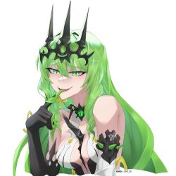 Rule 34 | 1girl, :d, bare shoulders, black gloves, breasts, claw ring, crown, dress, enc ods, gloves, green eyes, green hair, highres, honkai (series), honkai impact 3rd, long hair, looking at viewer, medium breasts, mobius (honkai impact), open mouth, simple background, single sleeve, sleeveless, sleeveless dress, slit pupils, smile, solo, tsurime, upper body, very long hair, wavy hair, white background, white dress, white sleeves