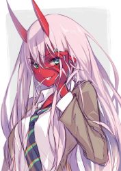 Rule 34 | 10s, 1girl, blue neckwear, collared shirt, colored skin, commentary request, darling in the franxx, fingernails, green eyes, green nails, grey background, grin, hair between eyes, hand on own face, hand up, hong (white spider), horns, jacket, long hair, long sleeves, looking at viewer, monsterification, mouth hold, nail polish, neckerchief, necktie, oni, pink hair, red skin, sharp teeth, shirt, simple background, smile, solo, teeth, upper body, very long hair, white shirt, wing collar, zero two (darling in the franxx)
