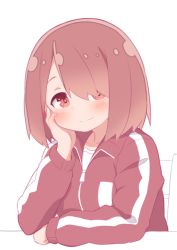 Rule 34 | 1girl, brown hair, chair, closed mouth, commentary request, hair over one eye, hand on own cheek, hand on own face, hand up, hatafuta, head rest, hoshino miyako (wataten), jacket, long sleeves, looking at viewer, red eyes, red jacket, shirt, short hair, simple background, sitting, smile, solo, track jacket, watashi ni tenshi ga maiorita!, white background, white shirt, zipper pull tab