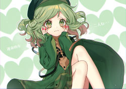 Rule 34 | 1girl, closed mouth, flat cap, green eyes, green hair, green hat, green jacket, hands on own cheeks, hands on own face, hat, heart, heart background, jacket, key, kyouda suzuka, long sleeves, looking at viewer, medium hair, puffy sleeves, solo, touhou, yamashiro takane