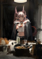 Rule 34 | 1girl, absurdres, arknights, as4kla, black cloak, black shorts, breasts, cloak, closed mouth, crop top, cup, dog tags, food, hair ornament, hairclip, head wings, highres, holding, holding cup, indoors, long hair, manticore (arknights), midriff, navel, pink eyes, pink hair, pointy ears, shorts, solo, table, tail, twintails, wings