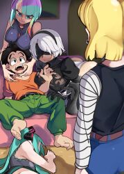Rule 34 | 1boy, 2b (nier:automata), 4girls, absurdres, android, android 18, aqua eyes, aqua hair, armpits, ass, black hair, blonde hair, bongfill, breast press, breasts, cheating (relationship), couch, cyberpunk (series), cyberpunk edgerunners, dragon ball, dragonball z, earrings, eyepatch, face touching, faceless, fainted, feet, hatsune miku, highres, jewelry, kuririn, large breasts, looking down, lucy (cyberpunk), mole, mole under mouth, multicolored hair, multiple girls, netorare, nier:automata, nier (series), on couch, on floor, pants, pink hair, scared, serious, square enix, surprised, touching another&#039;s face, two-tone hair, vocaloid, white hair