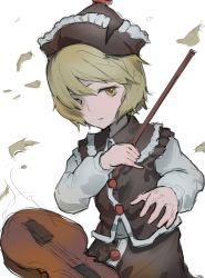 Rule 34 | 1girl, absurdres, black hat, black skirt, black vest, blonde hair, bow (music), closed mouth, commentary request, cowboy shot, expressionless, flat chest, hair between eyes, hakonnbo, hat, highres, holding, holding bow (music), instrument, long sleeves, looking at viewer, lunasa prismriver, shirt, short hair, skirt, skirt set, solo, touhou, vest, violin, white background, white shirt, yellow eyes