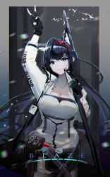 Rule 34 | 1girl, absurdres, animal ear fluff, animal ears, arknights, arm up, belt, belt pouch, black gloves, black hair, black skirt, blaze (arknights), blue eyes, bracelet, breasts, cat ears, character name, cleavage, closed mouth, cowboy shot, extra ears, fingerless gloves, gloves, hairband, highres, infection monitor (arknights), jacket, jewelry, large breasts, lemtun, long hair, long sleeves, looking at viewer, miniskirt, open clothes, open jacket, pouch, red hairband, shirt, skirt, smile, solo, very long hair, weapon bag, white jacket, white shirt
