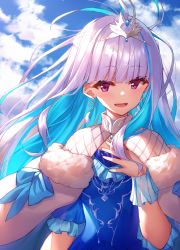 Rule 34 | 1girl, :d, absurdres, ahoge, blue bow, blue dress, blue hair, blue sky, blush, bow, cloak, cloud, cloudy sky, commentary request, day, dress, earrings, fur-trimmed cloak, fur trim, hand up, headpiece, highres, jewelry, lize helesta, lize helesta (3rd costume), long hair, multicolored hair, nijisanji, open mouth, outdoors, puffy short sleeves, puffy sleeves, purple eyes, short sleeves, silver hair, sky, smile, solo, two-tone hair, upper body, very long hair, virtual youtuber, white cloak, yuuki nao (pixiv10696483)