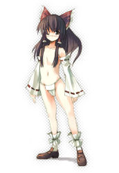 Rule 34 | 1girl, ankle cuffs, blush, bow, brown eyes, brown footwear, brown hair, collarbone, detached sleeves, female focus, flat chest, full body, fundoshi, hair bow, hair ribbon, hair tubes, hakurei reimu, japanese clothes, long hair, looking at viewer, navel, one eye closed, panties, ribbon, seo tatsuya, shoes, simple background, solo, standing, topless, touhou, underwear, white background