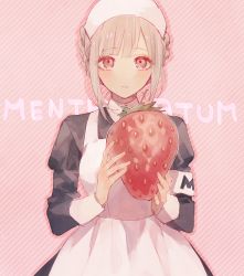 Rule 34 | 1girl, alternate costume, alternate hair ornament, alternate hairstyle, apron, black dress, blush, breasts, commentary request, confused, cosplay, danganronpa (series), danganronpa 2: goodbye despair, diagonal stripes, dress, enmaided, food, fruit, hashimoto kanna (idol), hashimoto kanna (idol) (cosplay), holding, holding food, holding fruit, io (sinking=carousel), large breasts, long sleeves, looking at viewer, maid, maid apron, maid headdress, nanami chiaki, oversized food, oversized object, pink background, pink eyes, pink hair, rev. from dvl, revision, short hair, simple background, solo, strawberry, striped, striped background, upper body, white apron, white headdress