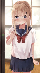 Rule 34 | 1girl, absurdres, akagikou, black skirt, blonde hair, blue sailor collar, blurry, blurry background, blush, bow, bowtie, commentary request, cowboy shot, day, depth of field, hair ornament, hairclip, hand up, highres, indoors, long hair, looking at viewer, miniskirt, one eye closed, open mouth, original, pleated skirt, purple eyes, red bow, red bowtie, sailor collar, school uniform, serafuku, shirt, short sleeves, skirt, solo, standing, white shirt, window, wooden floor