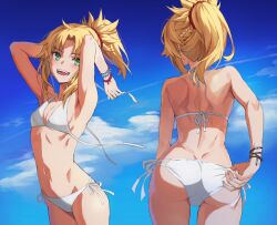 Rule 34 | 1girl, :d, adjusting clothes, adjusting swimsuit, armpits, arms behind head, arms up, ass, back, bare shoulders, bikini, blonde hair, blue sky, braid, breasts, commentary, day, fangs, fate/apocrypha, fate (series), french braid, from behind, front-tie bikini top, front-tie top, green eyes, hair ornament, hair scrunchie, halterneck, highres, long hair, mordred (fate), mordred (fate/apocrypha), multiple views, navel, open mouth, ponytail, red scrunchie, scrunchie, side-tie bikini bottom, sidelocks, sky, small breasts, smile, stomach, string bikini, swimsuit, tank top, tonee, untied bikini, variant set, white bikini
