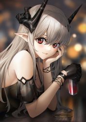 Rule 34 | 1girl, arknights, bar (place), bare shoulders, black gloves, blurry, blurry background, bracelet, breasts, cleavage, cup, depth of field, detached sleeves, drink, drinking glass, earrings, from side, gloves, grey hair, hair ornament, hand on own head, highres, holding, holding cup, horns, indoors, jewelry, large breasts, long hair, looking at viewer, looking to the side, masin0201, mudrock (arknights), mudrock (obsidian) (arknights), official alternate costume, parted lips, pointy ears, red eyes, see-through, short sleeves, signature, single earring, smile, solo, upper body