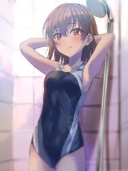 Rule 34 | 1girl, absurdres, arms up, black one-piece swimsuit, blush, brown eyes, brown hair, commentary request, competition school swimsuit, covered navel, female focus, halya meri, highres, indoors, looking at viewer, medium hair, misaka mikoto, multicolored clothes, multicolored swimsuit, one-piece swimsuit, paid reward available, school swimsuit, shower head, showering, smile, solo, standing, swimsuit, tile wall, tiles, toaru kagaku no railgun, toaru majutsu no index, tokiwadai school swimsuit, wet, white one-piece swimsuit