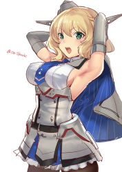 Rule 34 | 1girl, black pantyhose, blonde hair, blouse, blue eyes, blue necktie, braid, breasts, capelet, colorado (kancolle), commentary request, dress, elbow gloves, garrison cap, gloves, grey capelet, grey dress, grey gloves, grey hat, hat, headgear, kantai collection, large breasts, looking at viewer, necktie, one-hour drawing challenge, open mouth, pantyhose, pleated dress, round teeth, shiozaki zoe, shirt, short hair, side braid, side braids, sideboob, simple background, single braid, sleeveless, solo, teeth, upper teeth only, white background, white shirt
