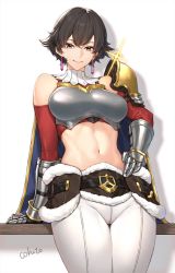 Rule 34 | 1girl, arm support, armor, artist name, belt, black belt, breastplate, breasts, brown eyes, brown hair, closed mouth, cokuto1, commentary, cowboy shot, cropped shirt, crotch seam, detached sleeves, earrings, fiorayne (monster hunter), fur trim, gauntlets, glint, hand on own hip, highres, jewelry, large breasts, looking at viewer, monster hunter (series), monster hunter rise, navel, pants, red shirt, shirt, short hair, shoulder armor, signature, simple background, smile, solo, standing, stomach, thigh gap, tight clothes, tight pants, toned, white background, white pants