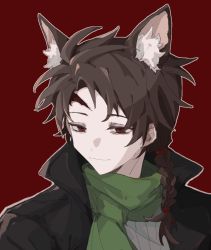 Rule 34 | ..., 1boy, animal ears, animated, animated gif, black jacket, braid, brown hair, closed mouth, colored eyelashes, commentary, ear wiggle, fox boy, fox ears, green scarf, grey sweater, harada minoru, jacket, kemonomimi mode, male focus, open clothes, open jacket, red background, red eyes, ribbed sweater, saibou shinkyoku, scar, scar on face, scar on forehead, scarf, side braid, simple background, smile, solo, speech bubble, spoken ellipsis, sweat, sweater, symbol-only commentary, t-woods