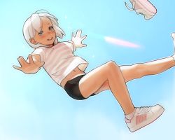 Rule 34 | 1girl, :d, absurdres, bare legs, bike shorts, blue eyes, blue sky, blush, child, highres, looking at viewer, luimiart, midriff peek, navel, open mouth, original, shirt, shoes, short sleeves, sky, smile, solo, striped clothes, striped shirt, white footwear, white hair