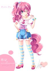 Rule 34 | 1girl, blue eyes, bow, bracelet, full body, hand on own hip, heart, jewelry, looking at viewer, my little pony, my little pony: friendship is magic, one eye closed, personification, pink hair, pinkie pie, ponytail, ribbon, ring, sakurano ru, shoes, shorts, side ponytail, signature, solo, standing, striped clothes, striped thighhighs, tail, thighhighs, tongue, watermark, web address, zettai ryouiki