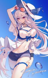 Rule 34 | 1girl, arknights, bare shoulders, blue background, blue shorts, breasts, choker, cleavage, commentary request, cowboy shot, eyewear on head, hair between eyes, highres, infection monitor (arknights), large breasts, long hair, looking at viewer, navel, official alternate costume, red eyes, shirt, short shorts, shorts, simple background, skadi (arknights), skadi (waverider) (arknights), solo, standing, stomach, sunglasses, thigh strap, thighs, very long hair, white hair, white headwear, white shirt, winreeze