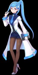 Rule 34 | 1girl, black corset, blue gemstone, blue necktie, blue shirt, breasts, brown pantyhose, clipboard, closed mouth, corset, eyelashes, full body, gem, glasses, gloves, grey footwear, hair ornament, hand up, high heels, high ponytail, highres, holding, holding clipboard, holding pen, lab coat, labi (master of eternity), long coat, long hair, looking at viewer, master of eternity, medium breasts, necktie, official art, pantyhose, pen, rectangular eyewear, red eyes, rimless eyewear, shirt, shoes, smile, solo, tachi-e, third-party source, transparent background, very long hair, white gloves