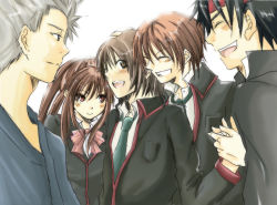 Rule 34 | 1girl, 4boys, black hair, blush, bow, bowtie, brown hair, c-haru, inohara masato, japanese clothes, little busters!, long sleeves, miyazawa kengo, multiple boys, naoe riki, natsume kyousuke, natsume rin, red bow, red bowtie, school uniform, silver hair, simple background, smile, upper body, white background