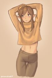 Rule 34 | 1boy, absurdres, arms behind head, arms up, artist name, blonde hair, blue eyes, brown background, brown pants, commentary, english commentary, highres, link, looking to the side, male focus, midriff, moonshadelf, navel, nintendo, pants, parted lips, pointy ears, procreate (medium), sidelocks, simple background, solo, standing, sweater, the legend of zelda, the legend of zelda: breath of the wild, yellow sweater