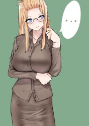 Rule 34 | ..., 1girl, arm across waist, bangs pinned back, blonde hair, blue eyes, blush, breasts, contrapposto, cowboy shot, eyes visible through hair, formal, glasses, green background, highres, inne sulistya robin, large breasts, long hair, looking away, looking to the side, norman maggot, original, pencil skirt, playing with own hair, shirt, simple background, skirt, solo, spoken ellipsis, standing, suit, sweatdrop, teacher, uniform