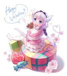 Rule 34 | 10s, 1girl, beads, black bow, black hairband, blouse, blue eyes, blunt bangs, blush, bow, box, buttons, candy, capelet, chocolate, chocolate heart, chocolate on face, dragon girl, dragon horns, dress, flower, food, food on face, frilled capelet, frilled skirt, frills, from behind, full body, gift, gift box, gothic lolita, gradient hair, hair beads, hair bow, hair ornament, hairband, happy valentine, heart, heart-shaped pillow, holding, holding food, horns, jitome, kanna kamui, kobayashi-san chi no maidragon, legs up, light purple hair, lolita fashion, long hair, long sleeves, looking at viewer, looking back, low twintails, microdress, multicolored hair, no shoes, open mouth, ozzingo, pillow, purple hair, rose, shirt, simple background, sitting, skirt, solo, sparkle, tail, thighhighs, twintails, valentine, white background, white flower, white hair, white rose, white thighhighs