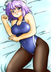 Rule 34 | 1girl, absurdres, black pantyhose, blue one-piece swimsuit, blush, breasts, cleavage, competition swimsuit, d-m (dii emu), hat, highres, large breasts, letty whiterock, light purple hair, looking at viewer, lying, one-piece swimsuit, open mouth, pantyhose, pantyhose under swimsuit, short hair, solo, swimsuit, touhou