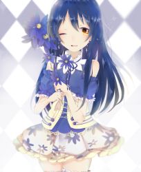 Rule 34 | 10s, 1girl, 9-ri, blue flower, blue hair, bouquet, checkered background, corset, cowboy shot, detached sleeves, floral print, flower, frilled shirt collar, frilled sleeves, frills, holding, holding bouquet, lace trim, long hair, love live!, love live! school idol festival, love live! school idol project, one eye closed, parted lips, print skirt, skirt, smile, solo, sonoda umi, yellow eyes